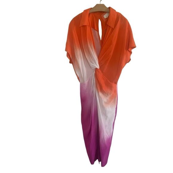 Anthropologie Orange Pink Ombre Short Sleeve Twist-Front Midi Shirt Dress Medium - Picture 1 of 4